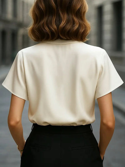 Asymmetric Buttoned Satin Blouse with Cutout Collar Detail MollyBoo