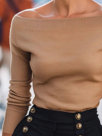 Camel Off-Shoulder Knit Top With Slim Long Sleeves MollyBoo