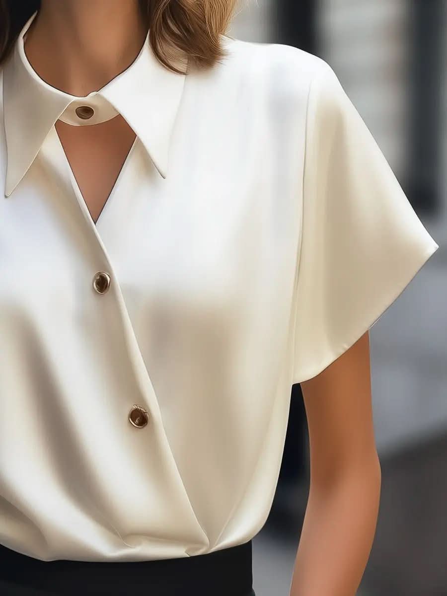 Asymmetric Buttoned Satin Blouse with Cutout Collar Detail MollyBoo