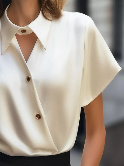 Asymmetric Buttoned Satin Blouse with Cutout Collar Detail MollyBoo