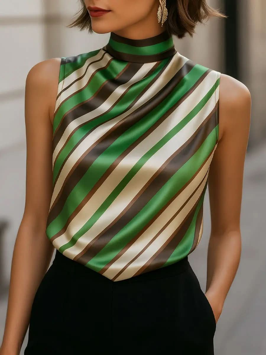 Striped Satin High-Neck Sleeveless Blouse MollyBoo