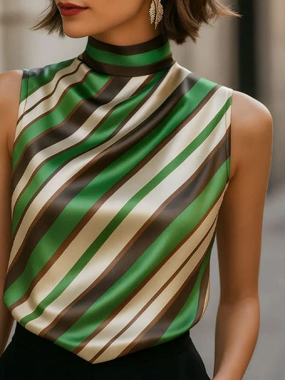Striped Satin High-Neck Sleeveless Blouse MollyBoo