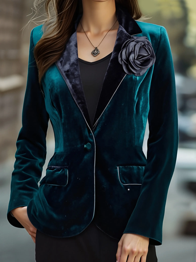 Emerald Velvet Blazer with Satin Lapels and Rose Embroidery MollyBoo Ali
