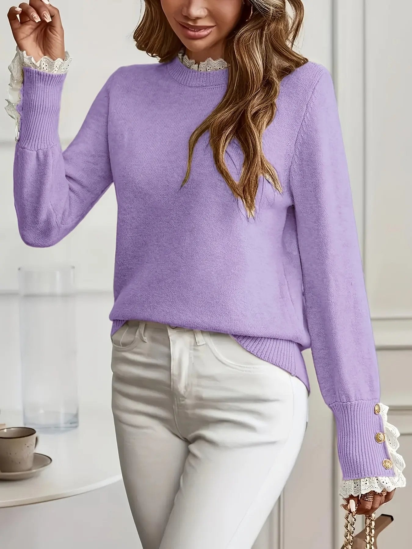 Elegant Knit Sweater with Contrasting Lace MollyBoo