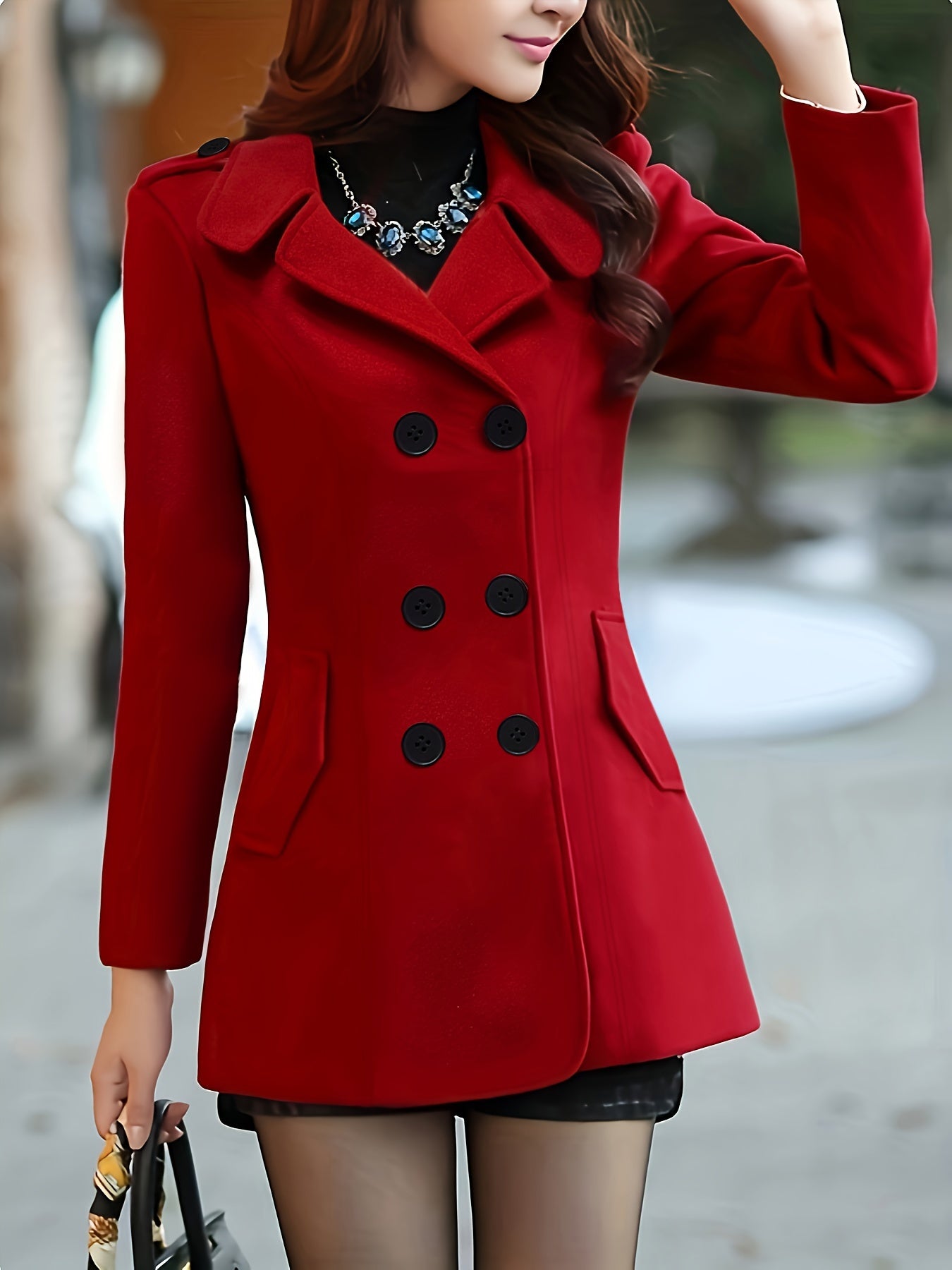 Elegant Red Trench Coat for Women with Black Buttons