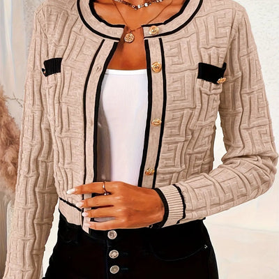 Cardigã Elegante Feminino de Ajuste Slim com Listras - Suéter Aberto de Manga Longa Macio e Alta Elasticidade com Bolsos, Bege/Marrom/Preto/Cinza para Primavera & Outono, Peça de Camada de Outono, Tecido de Alta Elasticidade MollyBoo