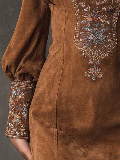 Vintage Suede Embroidered Mini Dress With Long Sleeves