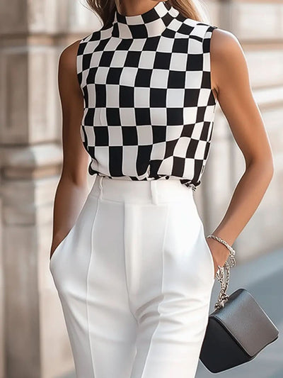 Monochrome Checkered Top & White Trousers Set MollyBoo
