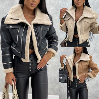 Cropped Moto Jacket with Faux Leather & Sherpa Lining
