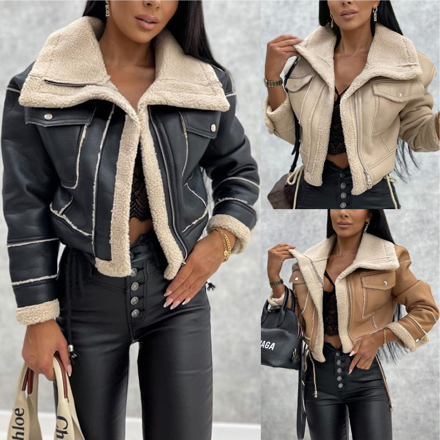 Cropped Moto Jacket with Faux Leather & Sherpa Lining