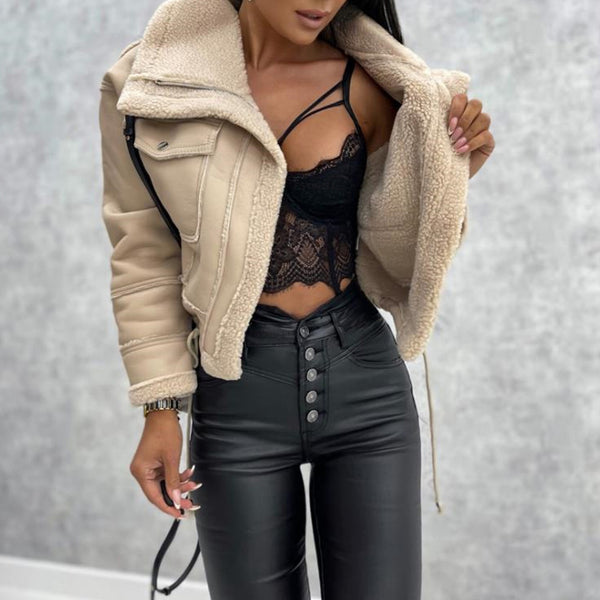 Cropped Moto Jacket with Faux Leather & Sherpa Lining