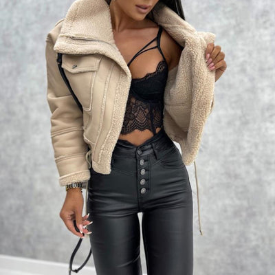 Cropped Moto Jacket with Faux Leather & Sherpa Lining