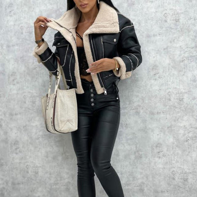 Cropped Moto Jacket with Faux Leather & Sherpa Lining
