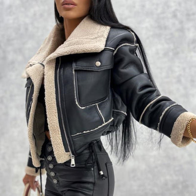 Cropped Moto Jacket with Faux Leather & Sherpa Lining