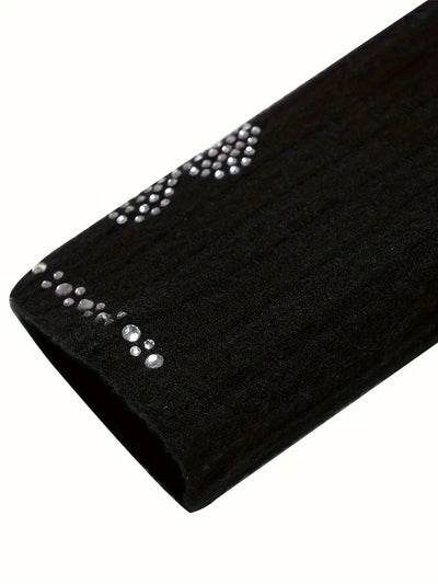 T-shirt De Decote Em V Sólido Com Strass, Elegante T-shirt De Manga Comprida Para A Primavera E Outono, Roupa De Mulher MollyBoo