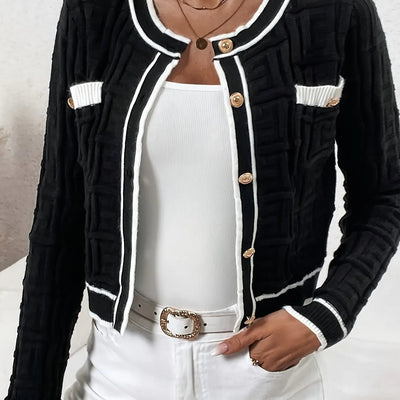 Cardigã Elegante Feminino de Ajuste Slim com Listras - Suéter Aberto de Manga Longa Macio e Alta Elasticidade com Bolsos, Bege/Marrom/Preto/Cinza para Primavera & Outono, Peça de Camada de Outono, Tecido de Alta Elasticidade MollyBoo