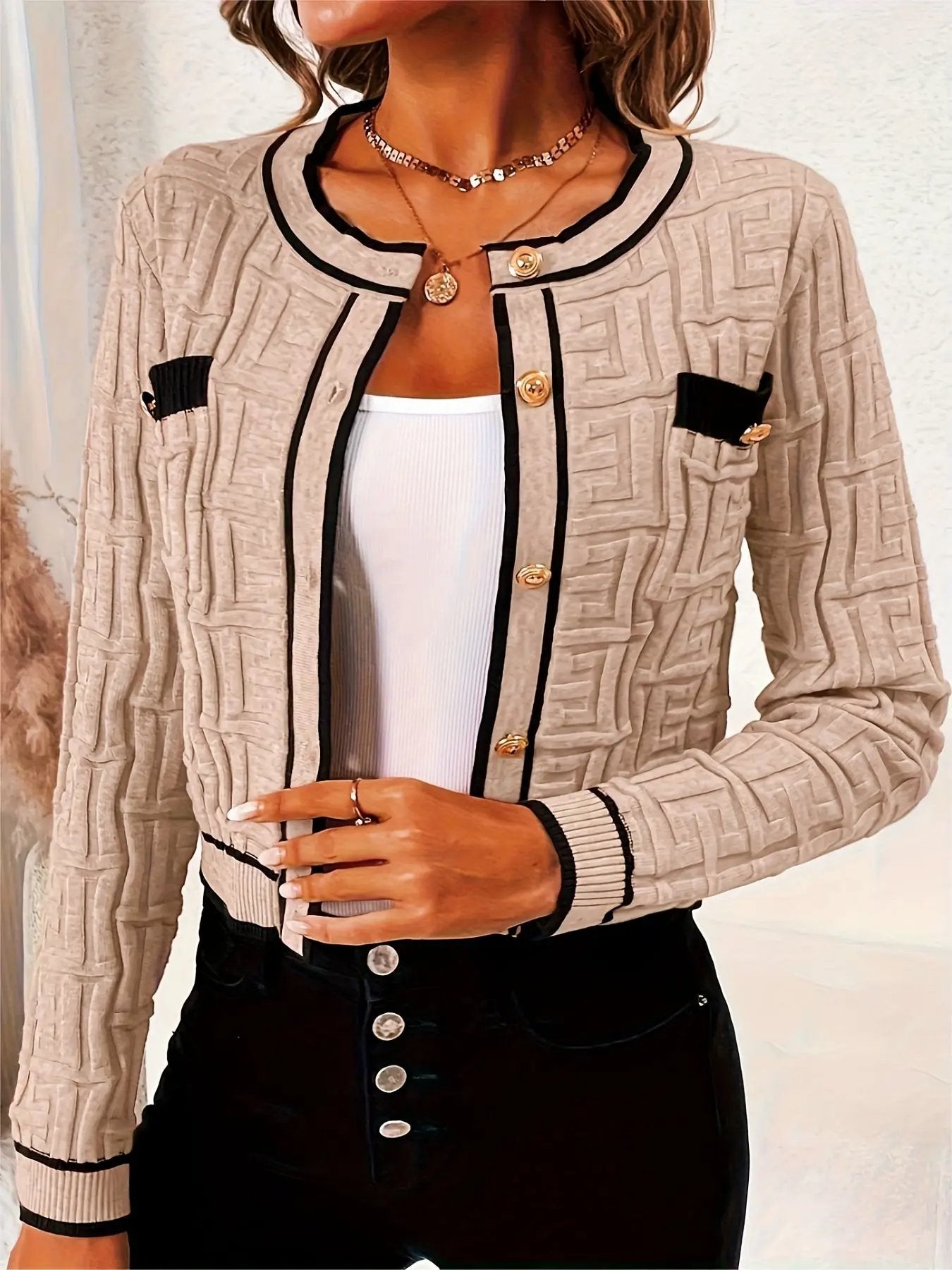 Cardigã Elegante Feminino de Ajuste Slim com Listras - Suéter Aberto de Manga Longa Macio e Alta Elasticidade com Bolsos, Bege/Marrom/Preto/Cinza para Primavera & Outono, Peça de Camada de Outono, Tecido de Alta Elasticidade MollyBoo