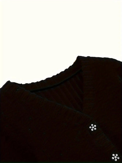 T-shirt De Decote Em V Sólido Com Strass, Elegante T-shirt De Manga Comprida Para A Primavera E Outono, Roupa De Mulher MollyBoo