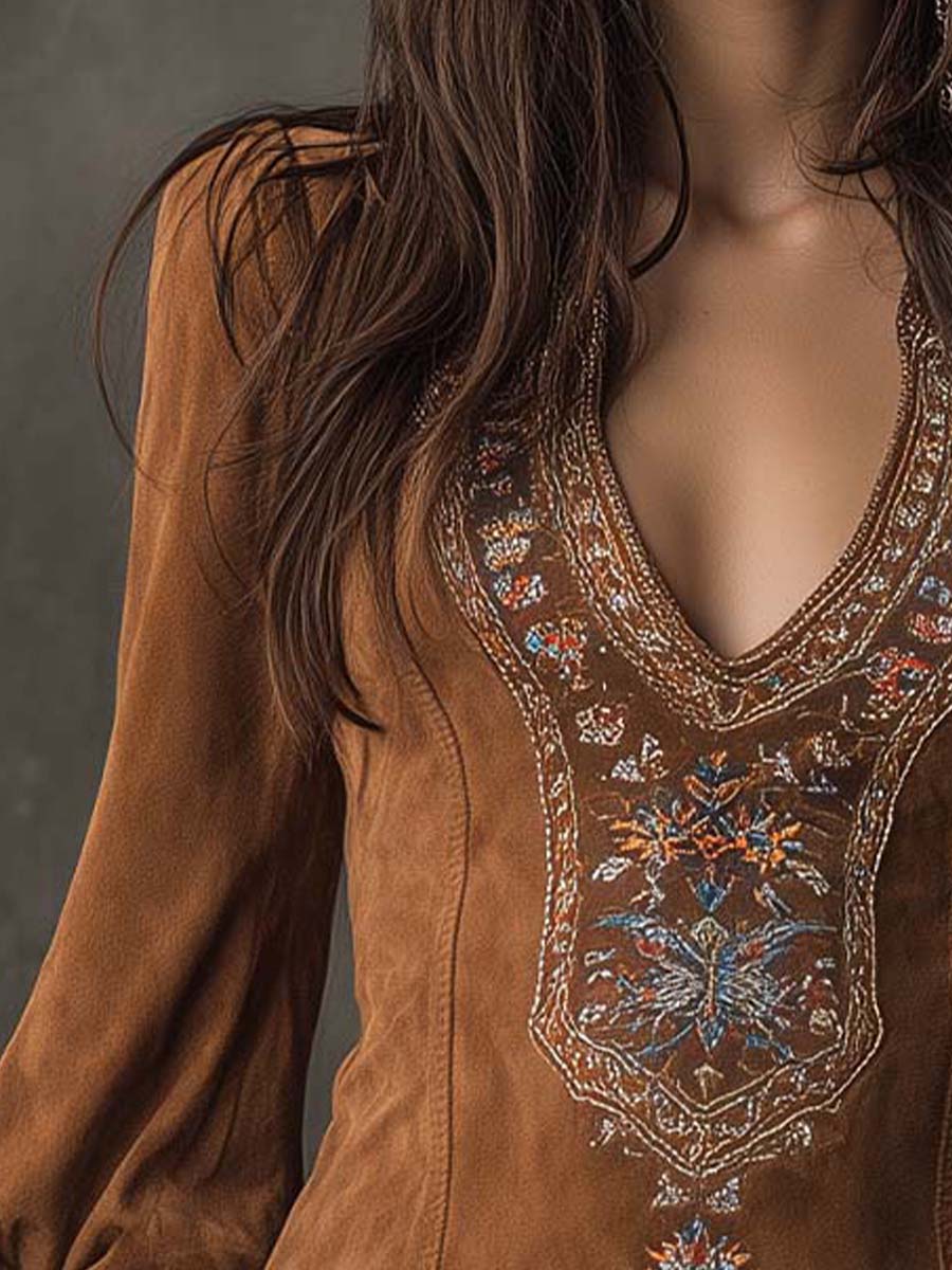 Vintage Suede Embroidered Mini Dress With Long Sleeves