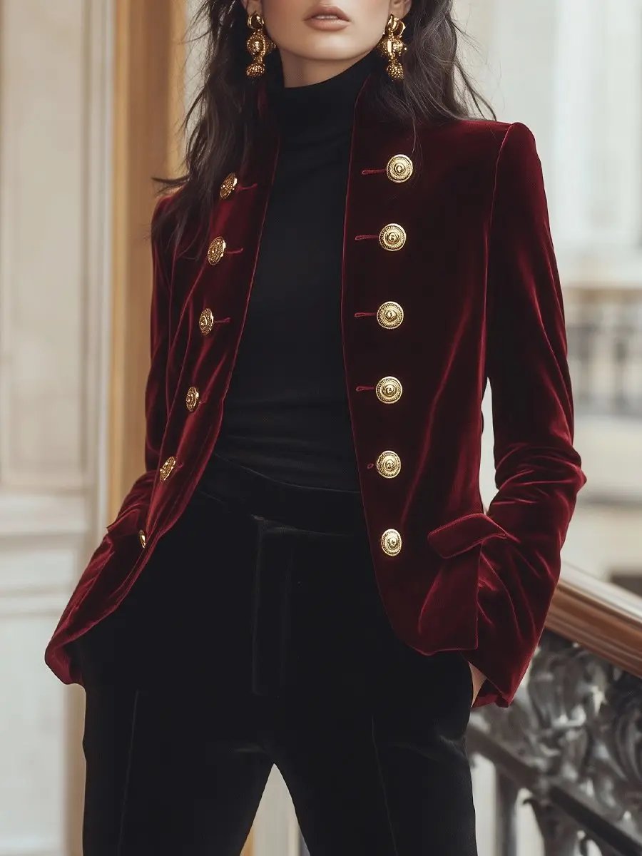Chic Velvet Jacket with Bold Gold Accents MollyBoo