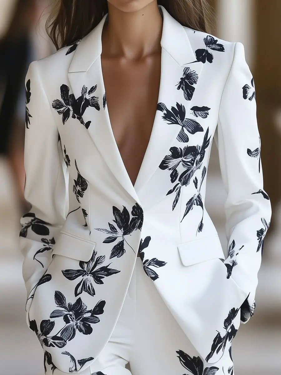 White Blazer with Bold Black Floral Printed MollyBoo