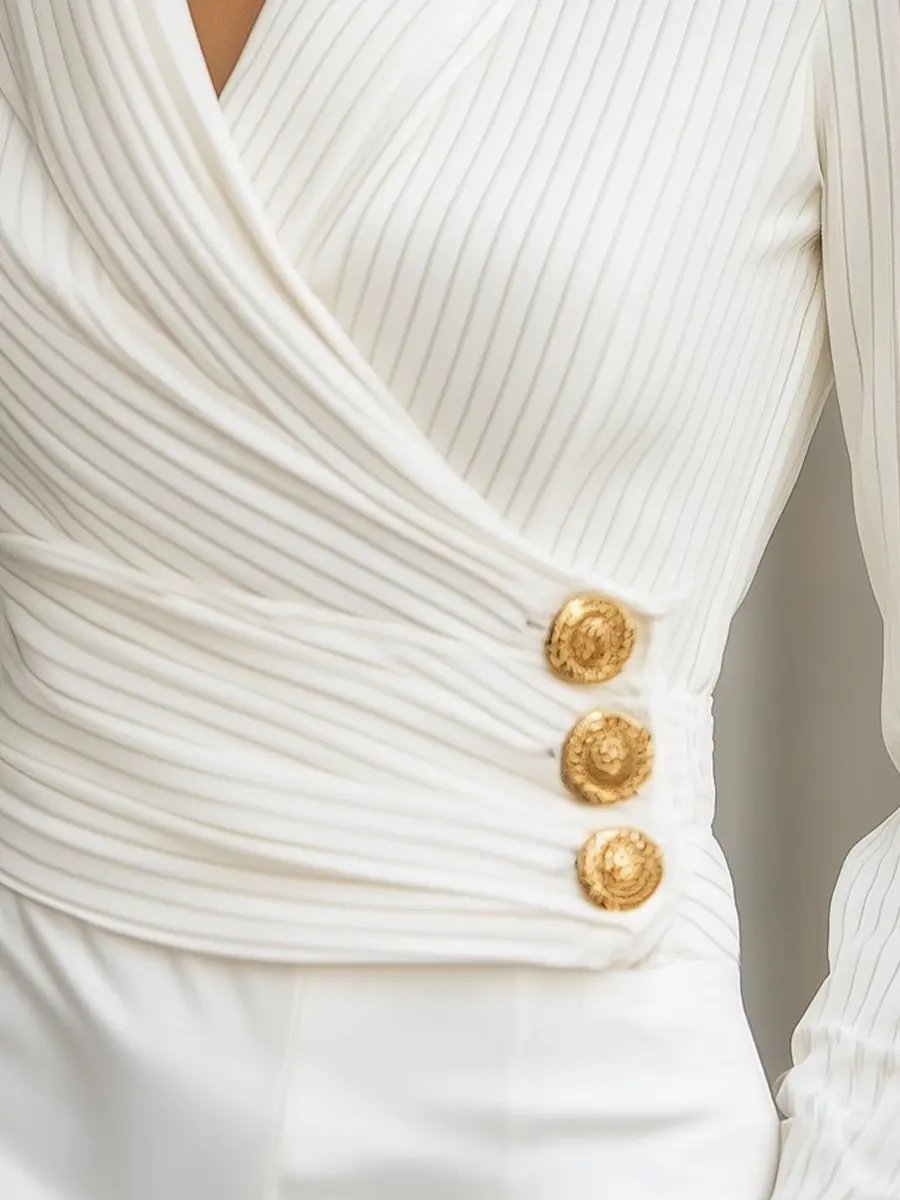 White Stripes Pleated Wrap Blouse with Gold Buttons MollyBoo