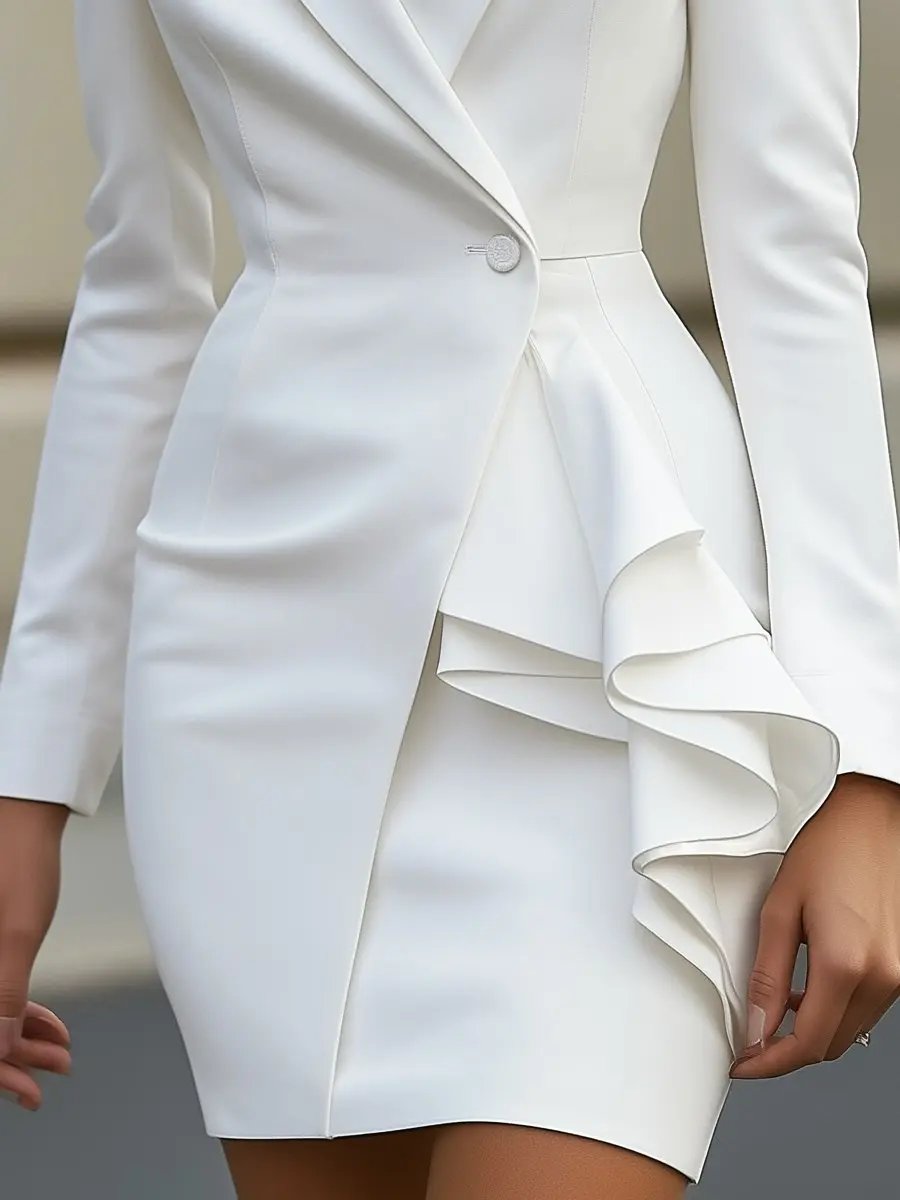 Elegant White Tailored Blazer Dress with Ruffle Detail MollyBoo