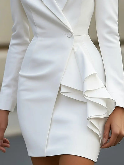 Elegant White Tailored Blazer Dress with Ruffle Detail MollyBoo