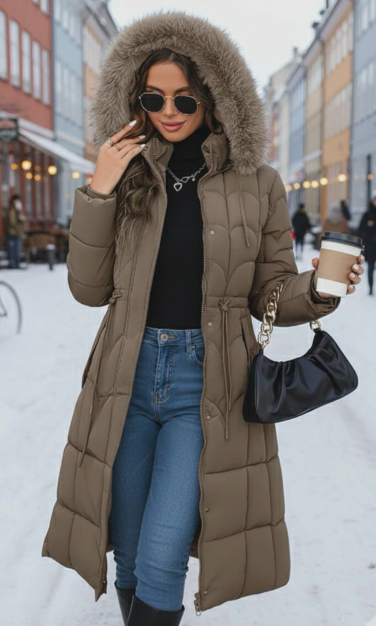 Elegant Long Fur Hood Coat – Women