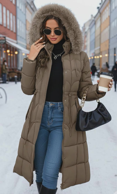 Elegant Long Fur Hood Coat – Women
