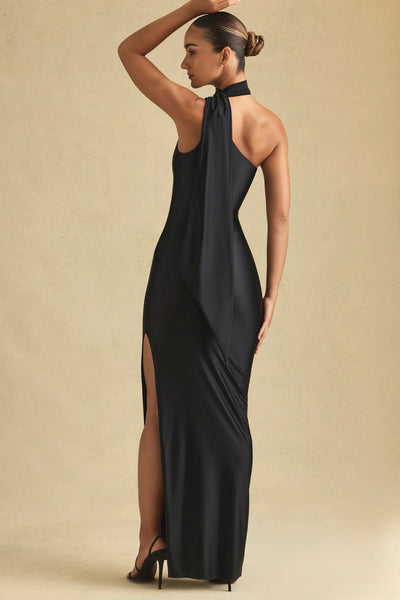 Asymmetric Scarf-Detail Maxi Dress in Black MollyBoo