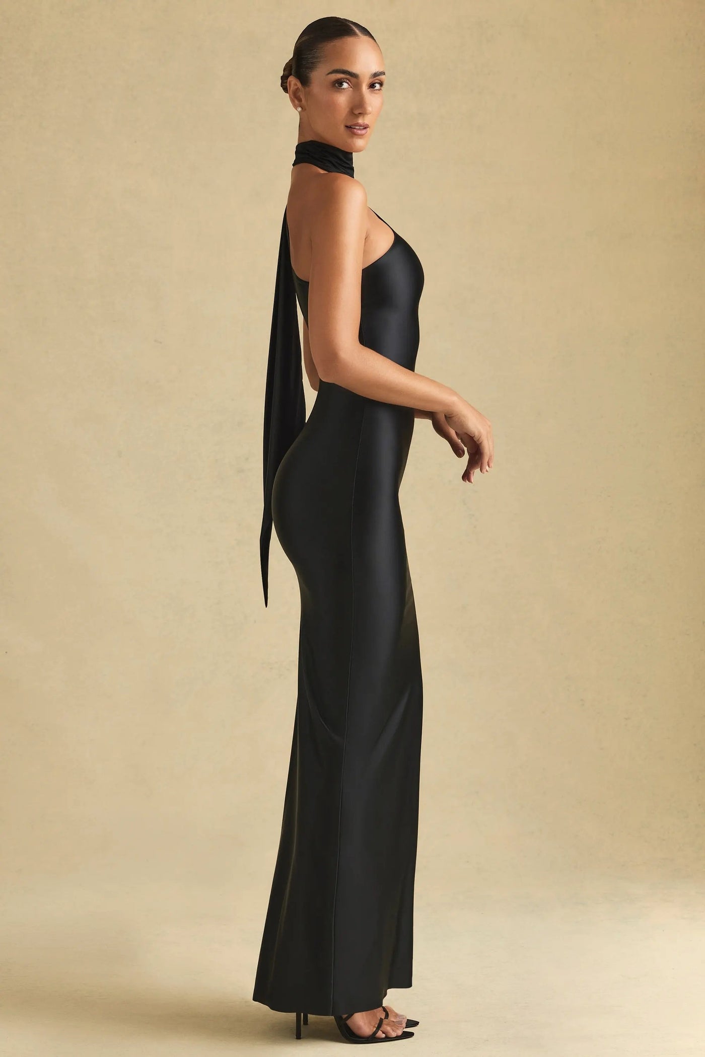Asymmetric Scarf-Detail Maxi Dress in Black MollyBoo