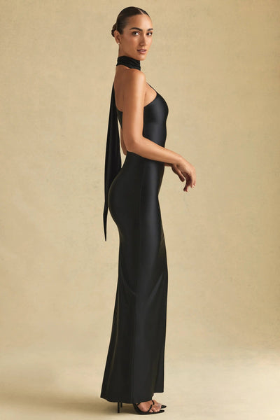 Asymmetric Scarf-Detail Maxi Dress in Black MollyBoo
