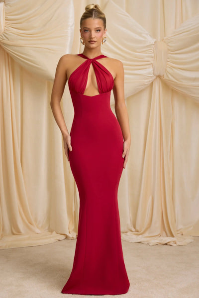 Red Halterneck Maxi Dress – Beaded Necklin MollyBoo